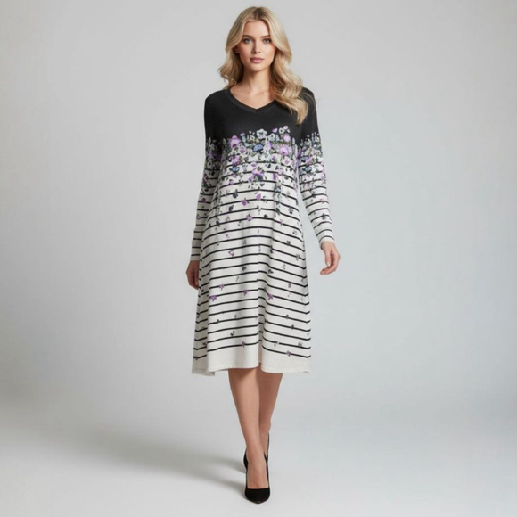 LuLaRoe Emily Dress XS Black White Floral Striped Long Sleeve Swing Dress - Picture 1 of 6